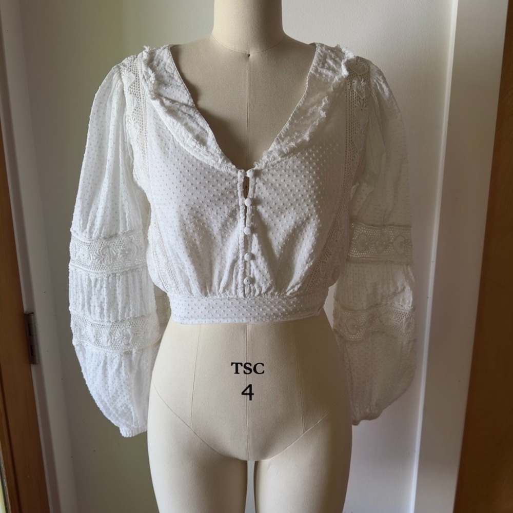 LoveShackFancy Salida Crop Top-White-Lace Ruffle Boho Long Sleeve‎ Blouse-Size 6